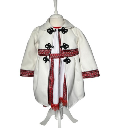 Bebelusi - Costum tradional fetite 3 piese, paltonas alb, rochita alb/rosu, brau alb/rosu