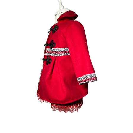 Costum tradional fetite, 3 piese, paltonas, rochita, brau, broderie alb/rosu [5]