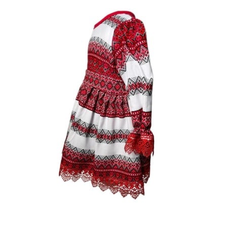 Costum tradional fetite, 3 piese, paltonas, rochita, brau, broderie alb/rosu [1]