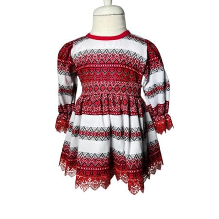 Costum tradional fetite, 3 piese, paltonas, rochita, brau, broderie alb/rosu [2]