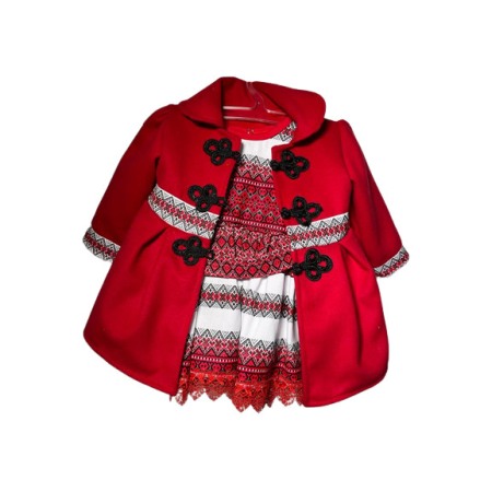 Costum tradional fetite, 3 piese, paltonas, rochita, brau, broderie alb/rosu [4]
