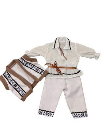 Hainute botez - Costum traditional baieti cu cojoc, broderie alb/albastru, premium