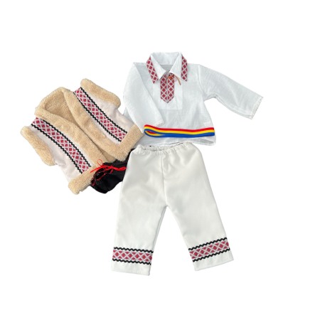 Costum traditional baieti cu cojoc, broderie alb/rosu [2]
