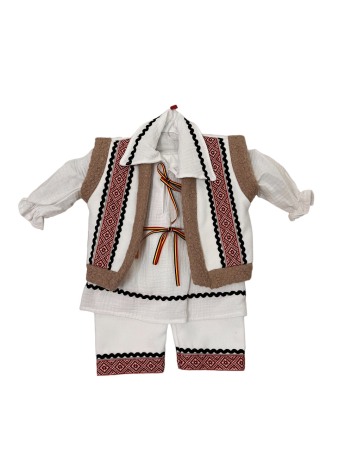 Costum traditional baieti cu cojoc, broderie alb/rosu, premium [2]