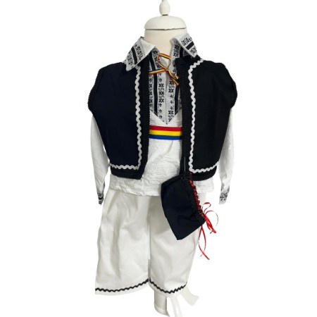 Costume populare copii - Costum traditional baieti cu vesta, alb/negru, ard
