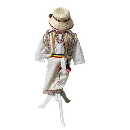 Hainute botez - Costum traditional baieti cu vesta, broderie alb/auriu/rosu
