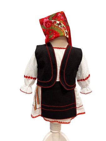 Hainute si accesorii bebe - Costum traditional fete cu vesta, alb/negru, 4 piese