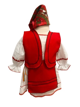 Hainute si accesorii bebe - Costum traditional fete cu vesta, alb/rosu, 4 piese