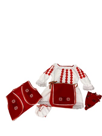 Botez - Costum traditional fete cu vesta, alb/rosu, 5 piese, premium