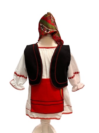 Hainute si accesorii bebe - Costum traditional fete cu vesta, alb/rosu/negru, 4 piese