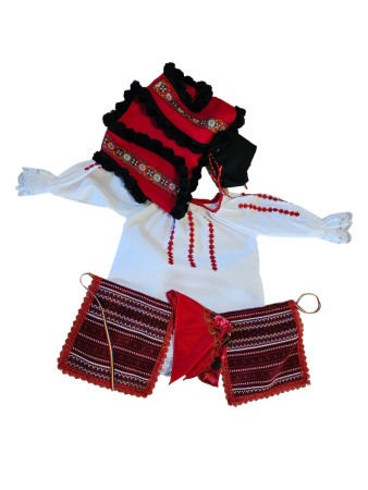 Costum traditional fete cu vesta, alb/rosu/negru, 5 piese [3]