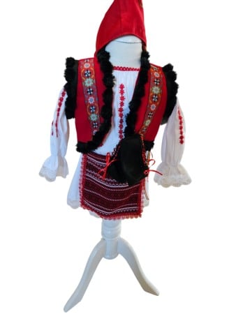 Hainute botez - Costum traditional fete cu vesta, alb/rosu/negru, 5 piese