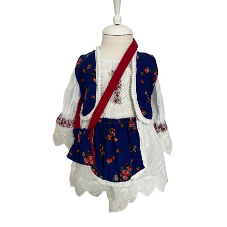 Hainute si accesorii bebe - Costum traditional fete imprimeu floral, albastru/alb
