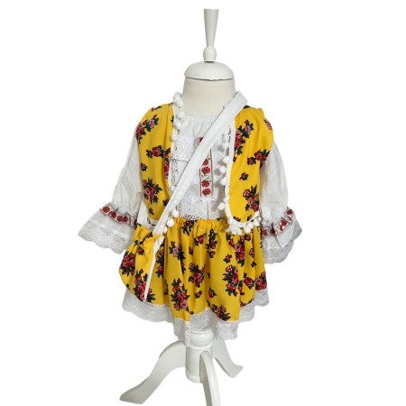 Costume populare copii - Costum traditional fete imprimeu floral, galben/alb