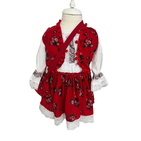 Costume populare copii - Costum traditional fete imprimeu floral, rosu/alb