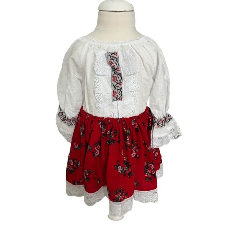 Costum traditional fete imprimeu floral, rosu/alb [4]