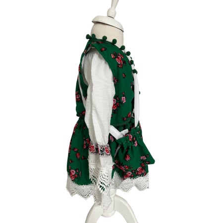 Costum traditional fete imprimeu floral, verde/alb [4]