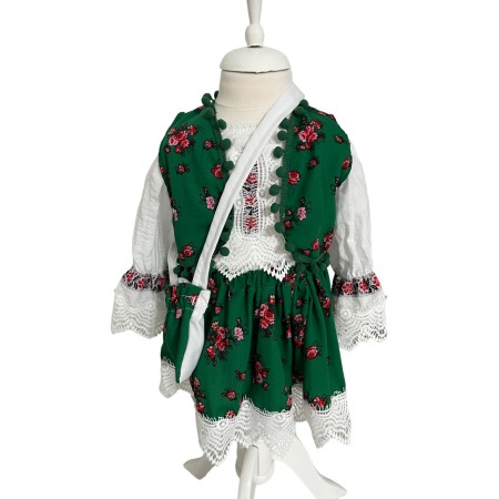 Hainute si accesorii bebe - Costum traditional fete imprimeu floral, verde/alb