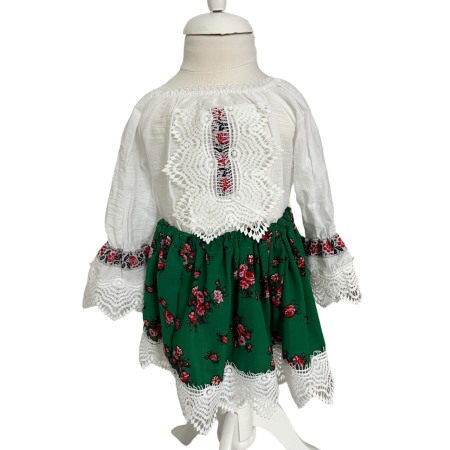 Costum traditional fete imprimeu floral, verde/alb [1]