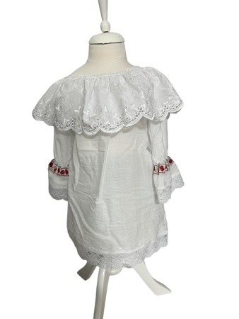Costum traditional fete premium imprimeu floral rosu/alb [1]