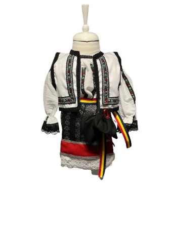 Botez - Costum traditional fete premium, negru/rosu/alb, 6 piese