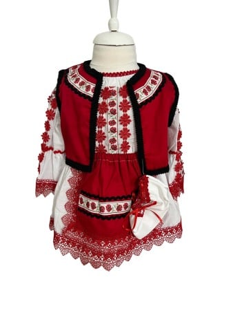 Hainute si accesorii bebe - Costum traditional fete premium, rosu/alb, 5 piese