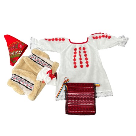Costum traditional fetite cu cojoc, broderie alb/rosu, 5 piese [2]