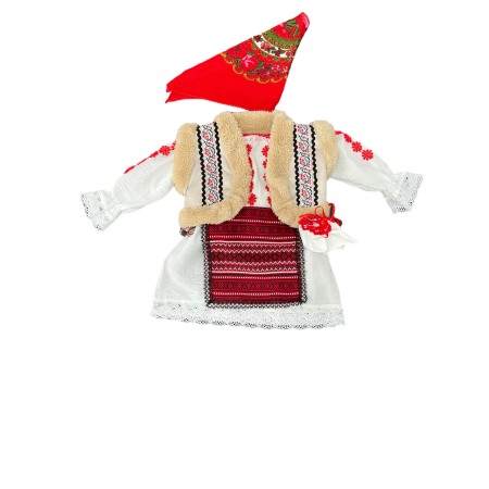 Botez - Costum traditional fetite cu cojoc, broderie alb/rosu, 5 piese