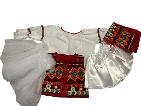 Costum traditional fetite cu vesta, broderie alb/rosu, 5 piese [1]