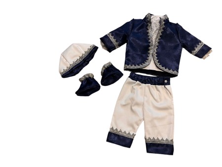 Hainute botez - Costumas Elegant Baieti, Tematica Print, Catifea Bleumarin, 5 piese, model 2
