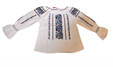 Adulti - Ie traditionala , alba, broderie cu motiv floral albastru, maneci stil clopot, femei