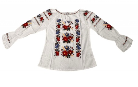 Adulti - Ie traditionala , alba, broderie cu motiv floral rosu/albastru, maneci stil clopot, femei
