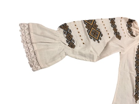 Ie traditionala , alba, broderie cu motiv traditional negru/auriu, maneci stil clopot, femei [2]