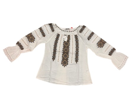 Ie populara adulti - Ie traditionala , alba, broderie cu motiv traditional negru/auriu, maneci stil clopot, femei