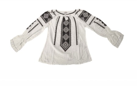 Adulti - Ie traditionala , alba, broderie gri/negru, maneci stil clopot, femei