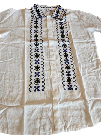Ie traditionala, alba, model traditional, broderie albastra, barbati [3]