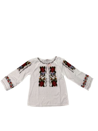 Ie populara copii - Ie traditionala fete, alba, broderie cu flori multicolor