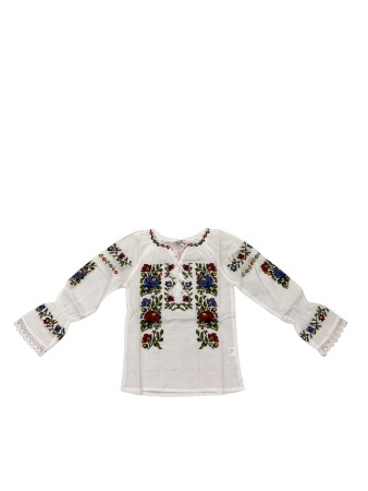 Ie populara copii - Ie traditionala fete cu maneci bufante, alba, broderie cu flori multicolor