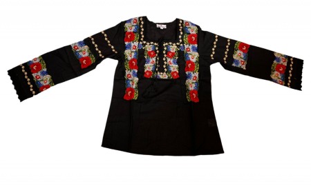 Adulti - Ie traditionala, neagra, broderie cu motiv floral multicolor, femei