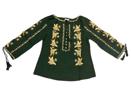 Adulti - Ie traditionala, verde, broderie cu motiv floral auriu, femei