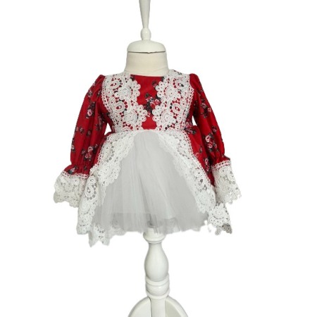 Hainute si accesorii bebe - Rochie botez fetite premium, elganta, culoare alb/rosu