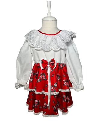 Rochite fete - Rochie fetite casual, elganta, culoare alba/rosu cu flori