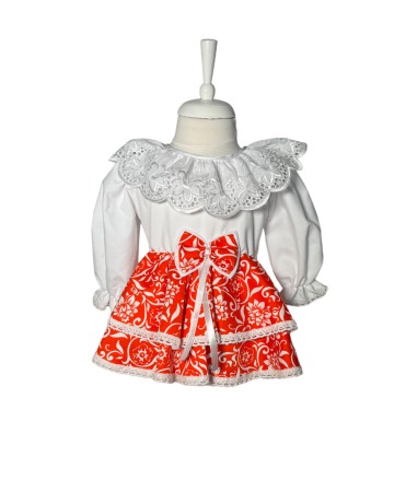 Hainute si accesorii bebe - Rochie fetite casual, elganta, culoare alba/rosu cu fundita