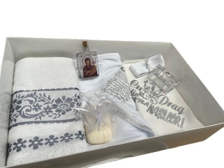 Set botez mesaj " cu drag din partea NASILOR", pentru fetite, alb/gri, 9 piese [1]