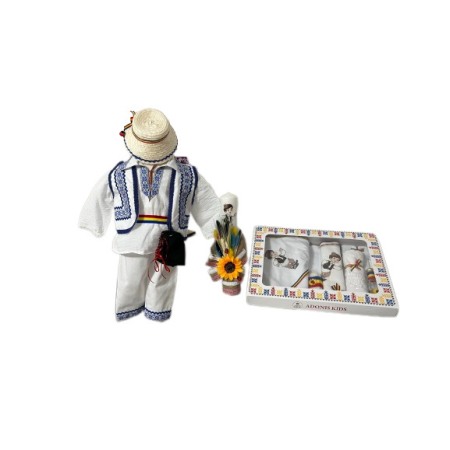 Botez - Set costum popular botez alb/albastru, trusou, lumanare, 14 piese