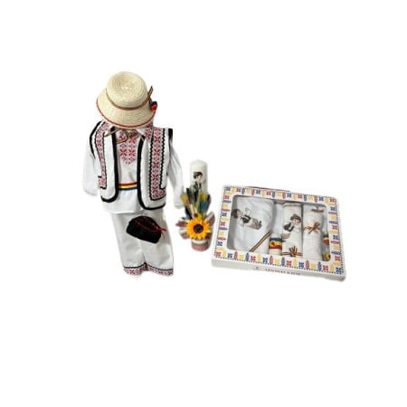 Botez - Set costum popular botez alb/negru, trusou, lumanare, 14 piese