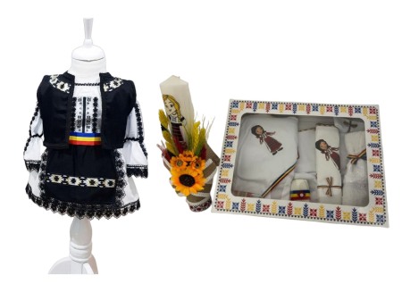 Botez - Set costum popular premium botez. fete, alb/negru, trusou, lumanare, 14 piese