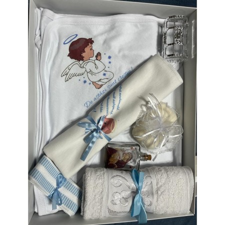 Botez - Trusou botez baieti, ingeras, culoare alb/albastru deschis, 8 piese