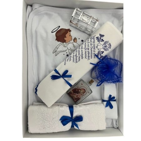 Botez - Trusou botez baieti, ingeras, culoare alb/albastru inchis, setul contine 8 piese