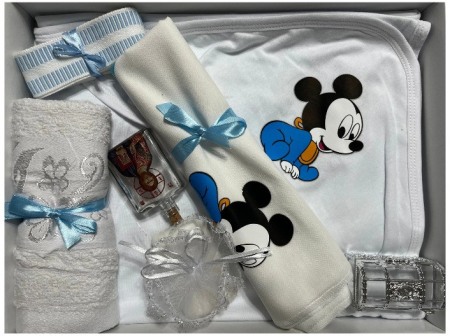 Botez - Trusou botez baieti, Mickey, culoare alb/albastru mat, 8 piese